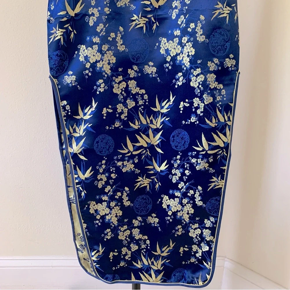 Vintage Qipao Cheongsam Blue & Gold Floral Dress Size M - Picture 4 of 6